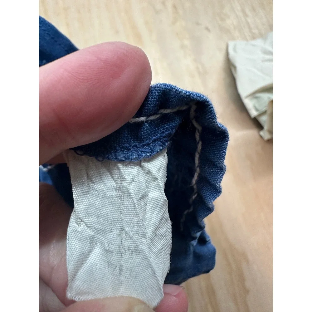 Vintage Girls Blue Chambray Denim Pinafore‎ Dress Ruffle Hem Floral Trim Bow 4T